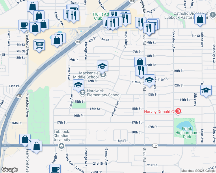 map of restaurants, bars, coffee shops, grocery stores, and more near 5420 13th Street in Lubbock