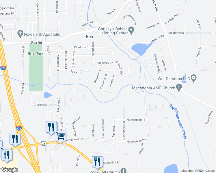 map of restaurants, bars, coffee shops, grocery stores, and more near 6193 Lauren Lane in Rex