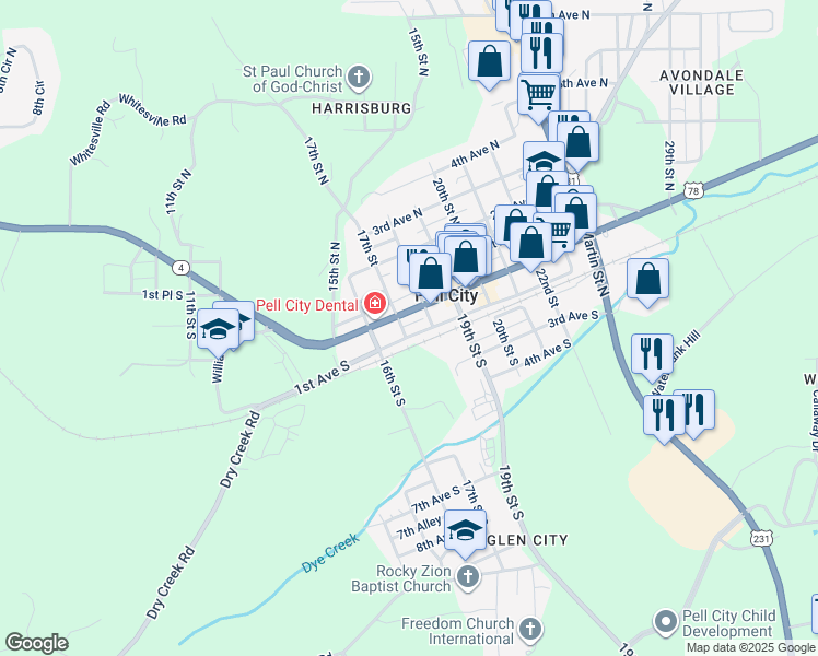 map of restaurants, bars, coffee shops, grocery stores, and more near 1701 1st Avenue South in Pell City