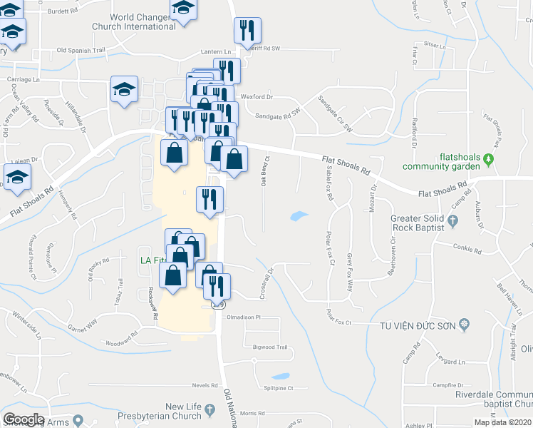 map of restaurants, bars, coffee shops, grocery stores, and more near 6078 Oak Bend Court in Riverdale