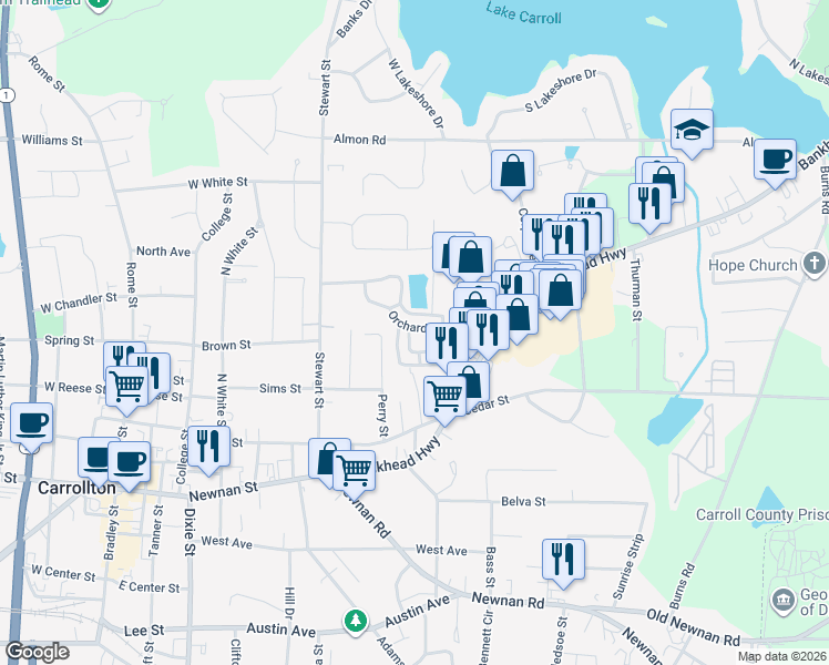 map of restaurants, bars, coffee shops, grocery stores, and more near 112 Oxford Square in Carrollton