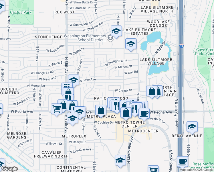 map of restaurants, bars, coffee shops, grocery stores, and more near 10834 North 32nd Lane in Phoenix