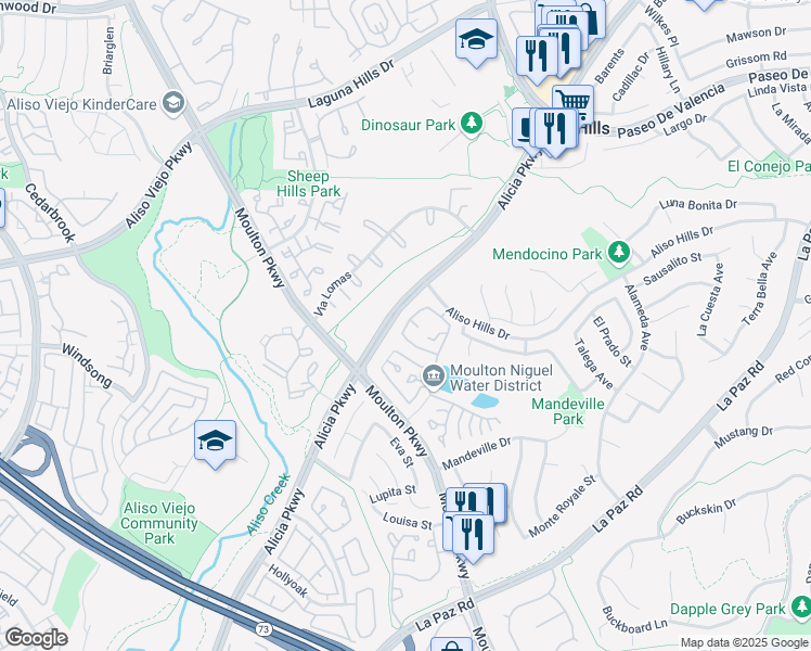 map of restaurants, bars, coffee shops, grocery stores, and more near 25991 Atherton Avenue in Laguna Hills