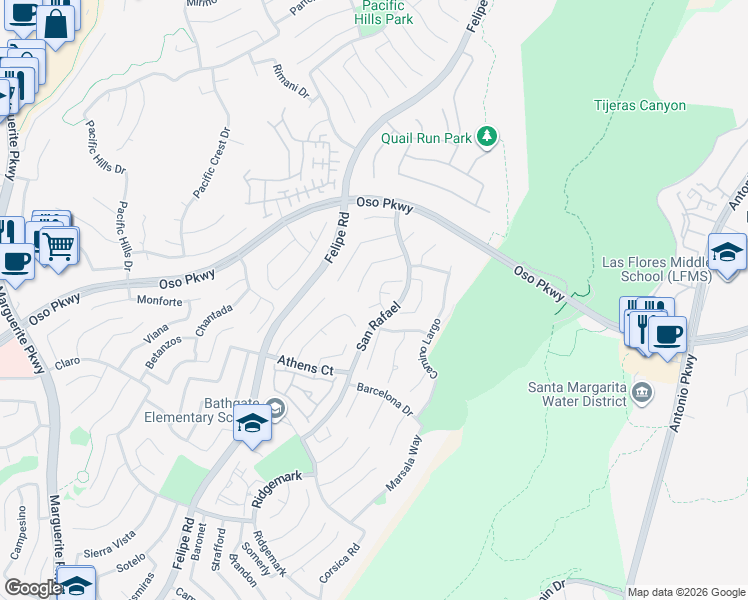 map of restaurants, bars, coffee shops, grocery stores, and more near 27891 Via Roma in Mission Viejo
