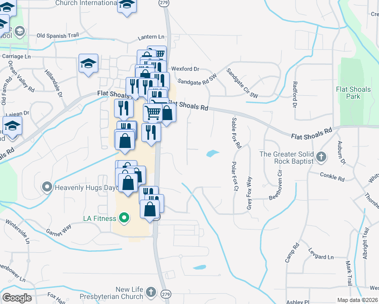 map of restaurants, bars, coffee shops, grocery stores, and more near 6082 Oak Bend Court in Riverdale