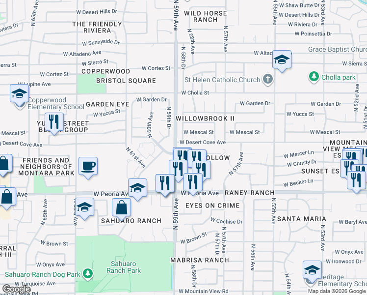 map of restaurants, bars, coffee shops, grocery stores, and more near 5826 West Mercer Lane in Glendale