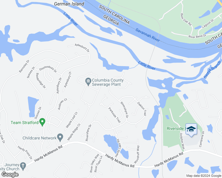 map of restaurants, bars, coffee shops, grocery stores, and more near 1181 Rivershyre Drive in Evans