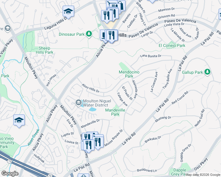 map of restaurants, bars, coffee shops, grocery stores, and more near 24652 Linda Flora Street in Laguna Hills