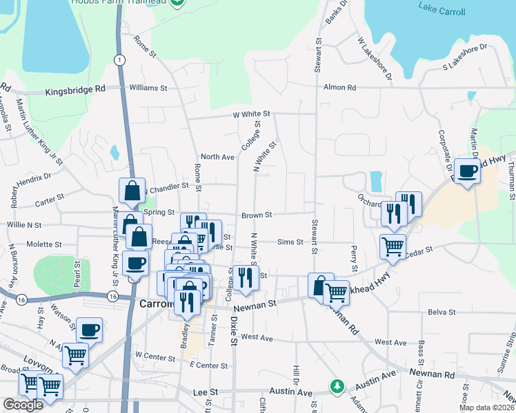 map of restaurants, bars, coffee shops, grocery stores, and more near 509 North White Street in Carrollton
