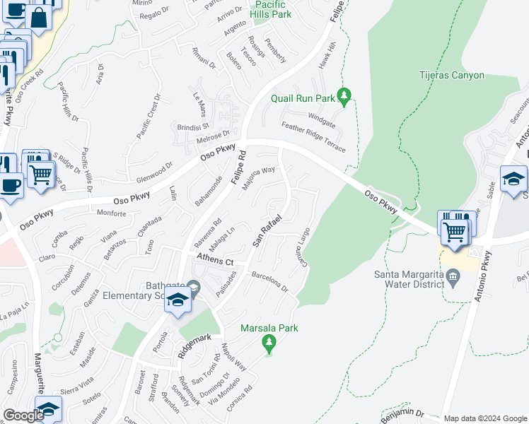 map of restaurants, bars, coffee shops, grocery stores, and more near 27891 Via Roma in Mission Viejo