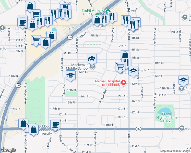 map of restaurants, bars, coffee shops, grocery stores, and more near 5422 13th Street in Lubbock