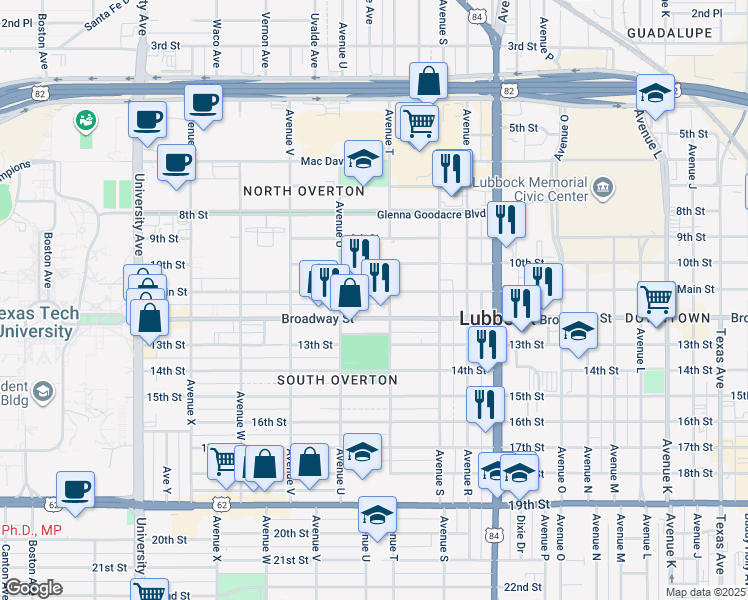 map of restaurants, bars, coffee shops, grocery stores, and more near 2007 Main Street in Lubbock