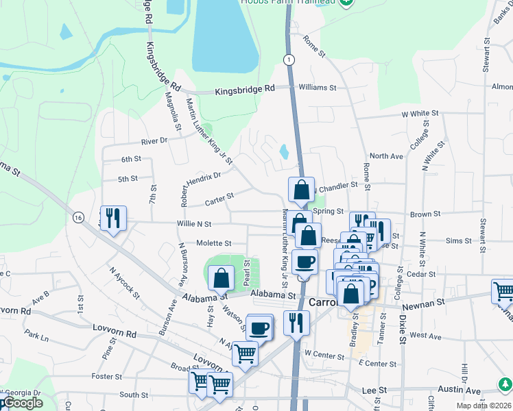 map of restaurants, bars, coffee shops, grocery stores, and more near 527 Spring St in Carrollton