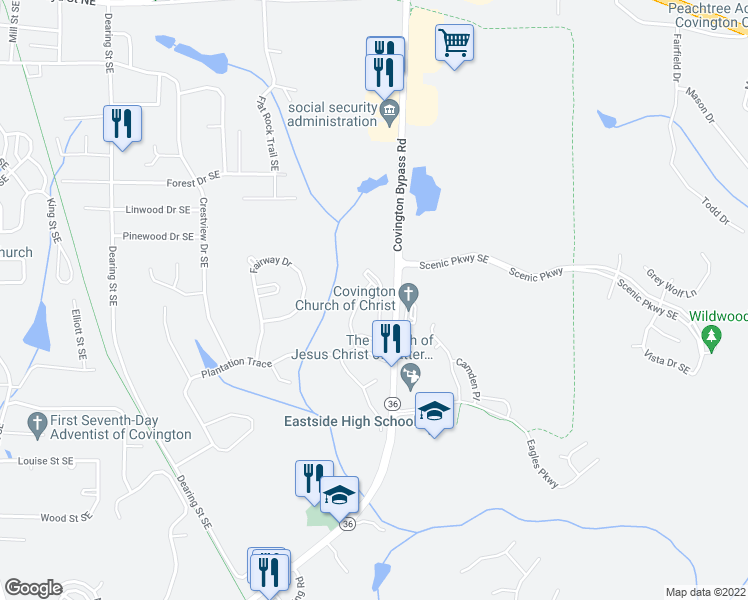 map of restaurants, bars, coffee shops, grocery stores, and more near 9183 Golfview Circle in Covington