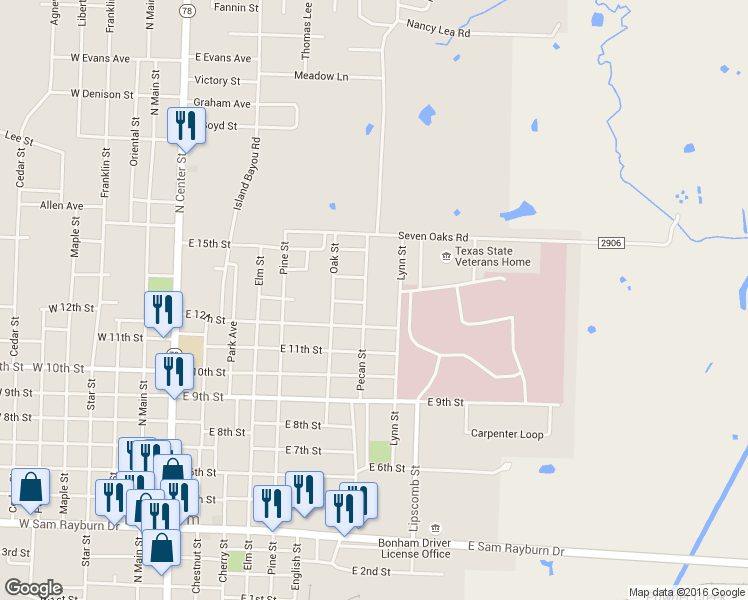 map of restaurants, bars, coffee shops, grocery stores, and more near 1208 Pecan St in Bonham