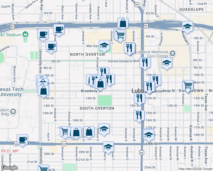 map of restaurants, bars, coffee shops, grocery stores, and more near 2007 Main Street in Lubbock