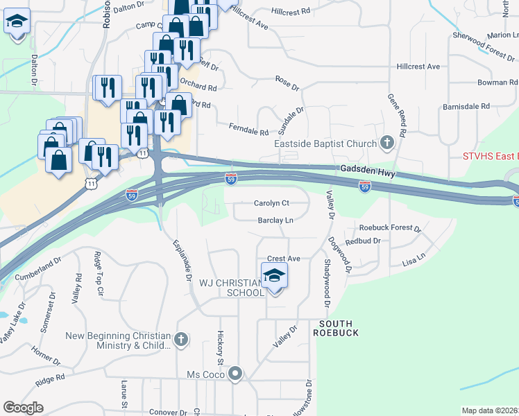 map of restaurants, bars, coffee shops, grocery stores, and more near 624 Carolyn Ct in Birmingham