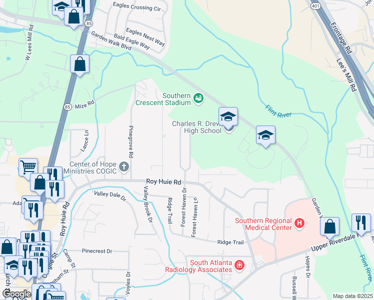 map of restaurants, bars, coffee shops, grocery stores, and more near 296 Roy Huie Road in Riverdale