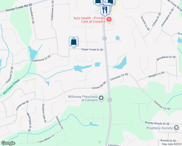 map of restaurants, bars, coffee shops, grocery stores, and more near 3899 Arbor Lane Southeast in Conyers