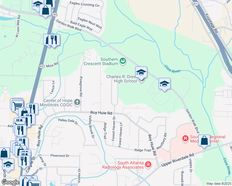 map of restaurants, bars, coffee shops, grocery stores, and more near 296 Roy Huie Road in Riverdale