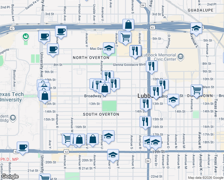 map of restaurants, bars, coffee shops, grocery stores, and more near 2007 Main Street in Lubbock