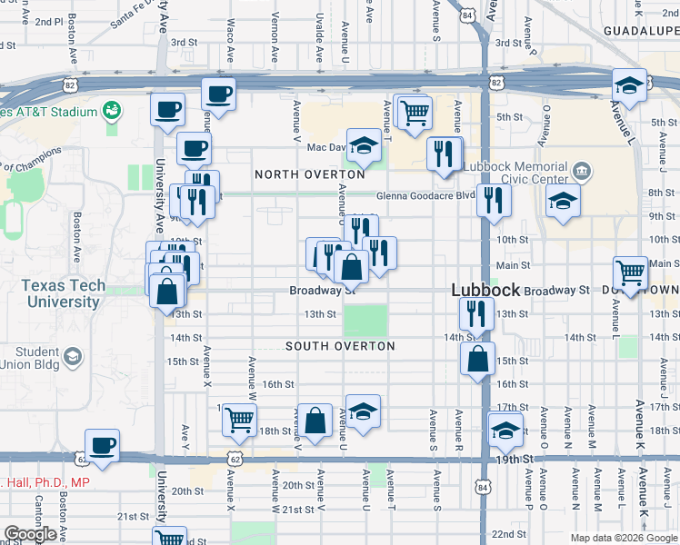 map of restaurants, bars, coffee shops, grocery stores, and more near 2101 Main Street in Lubbock