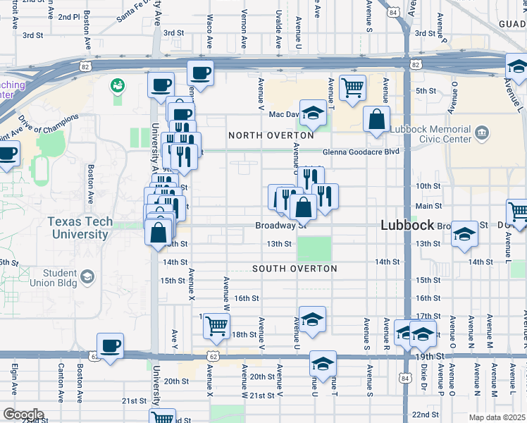 map of restaurants, bars, coffee shops, grocery stores, and more near 2118 Broadway Street in Lubbock