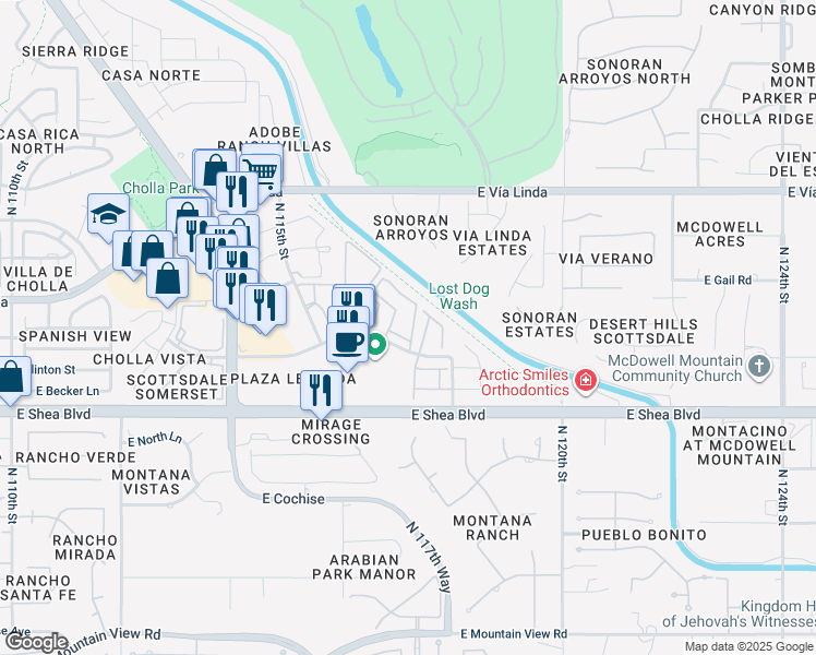 map of restaurants, bars, coffee shops, grocery stores, and more near 10860 North 117th Place in Scottsdale