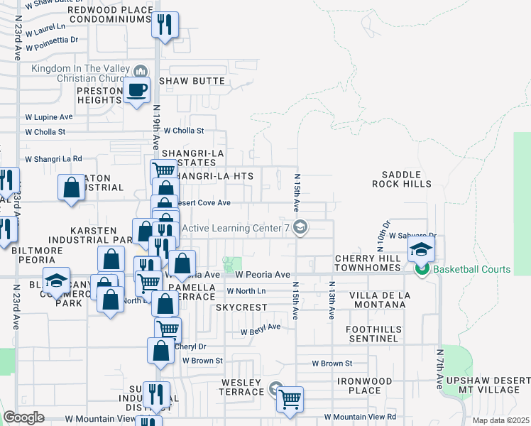 map of restaurants, bars, coffee shops, grocery stores, and more near 1601 West Desert Cove Avenue in Phoenix