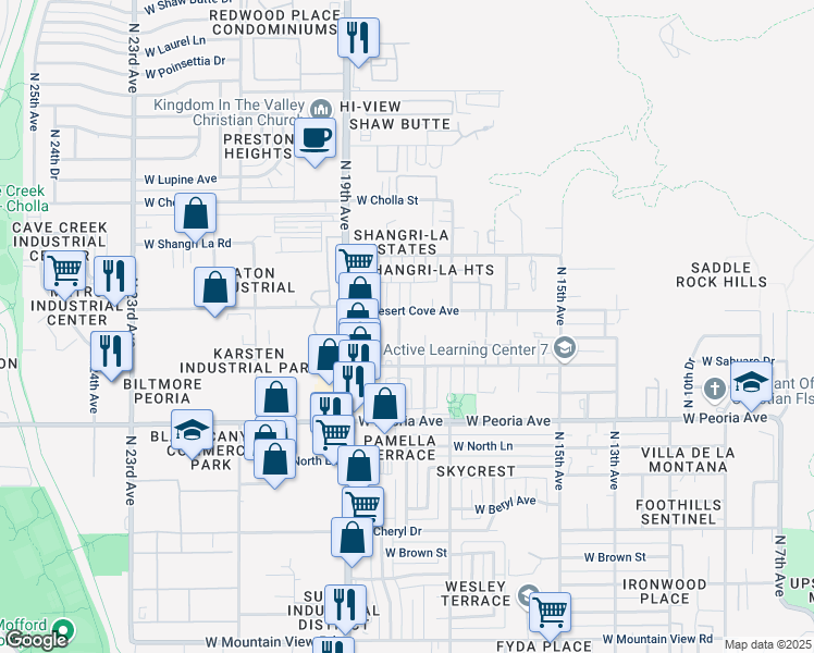 map of restaurants, bars, coffee shops, grocery stores, and more near 10750 North 18th Avenue in Phoenix
