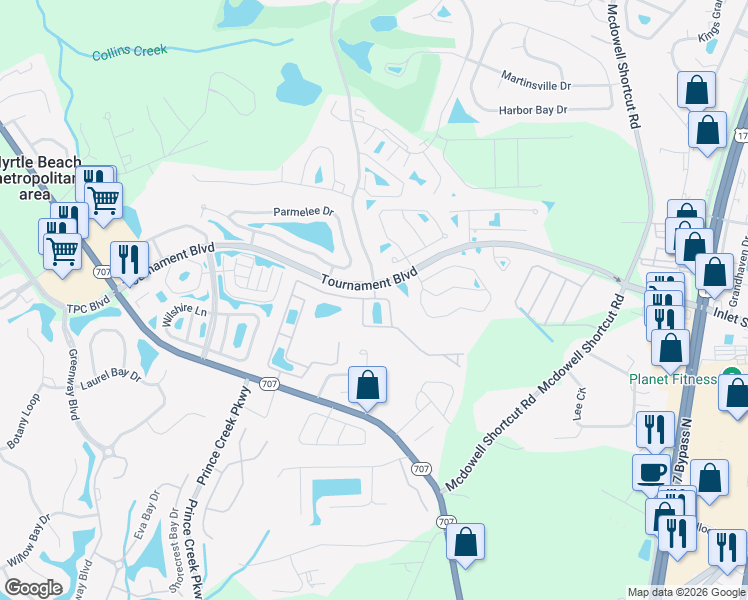 map of restaurants, bars, coffee shops, grocery stores, and more near 715 Painted Bunting Drive in Murrells Inlet