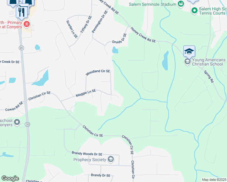 map of restaurants, bars, coffee shops, grocery stores, and more near 3989 Woodland Circle Southeast in Conyers