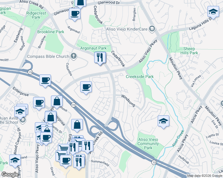map of restaurants, bars, coffee shops, grocery stores, and more near 80 Tortuga Cay in Aliso Viejo