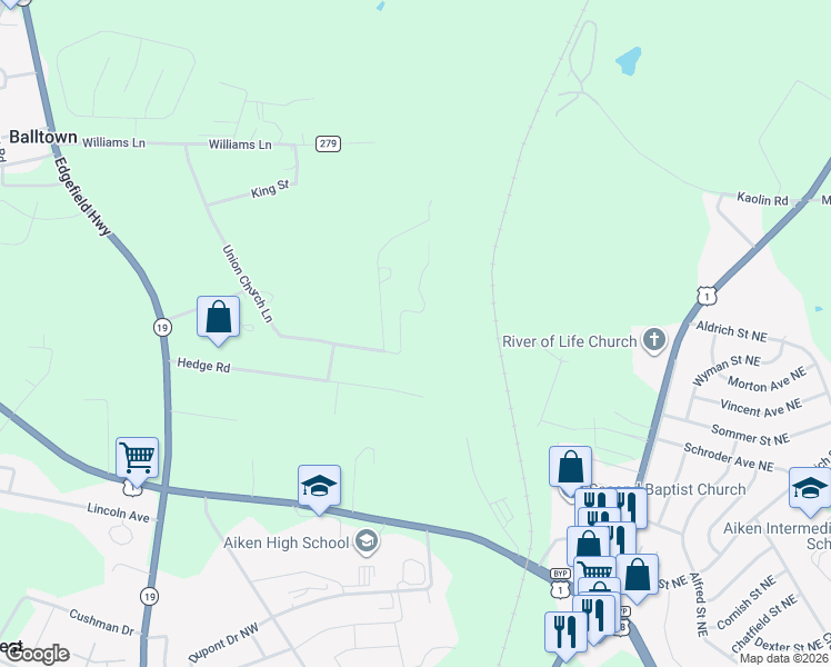 map of restaurants, bars, coffee shops, grocery stores, and more near 668 Union Church Lane in Aiken