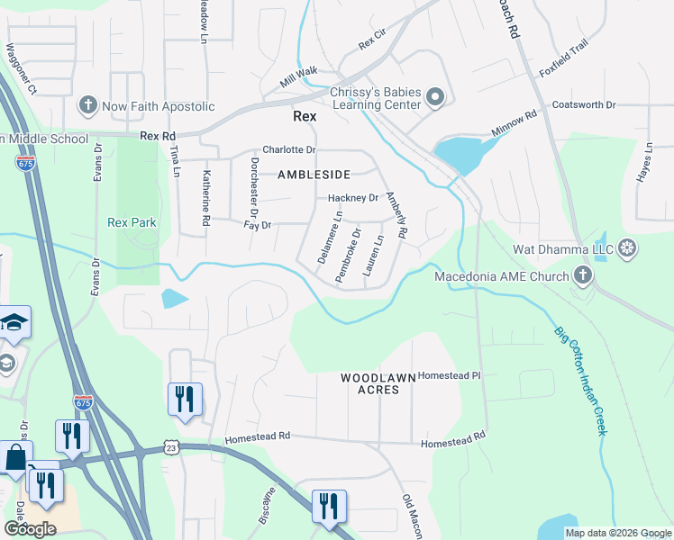 map of restaurants, bars, coffee shops, grocery stores, and more near 6205 Pembroke Drive in Rex