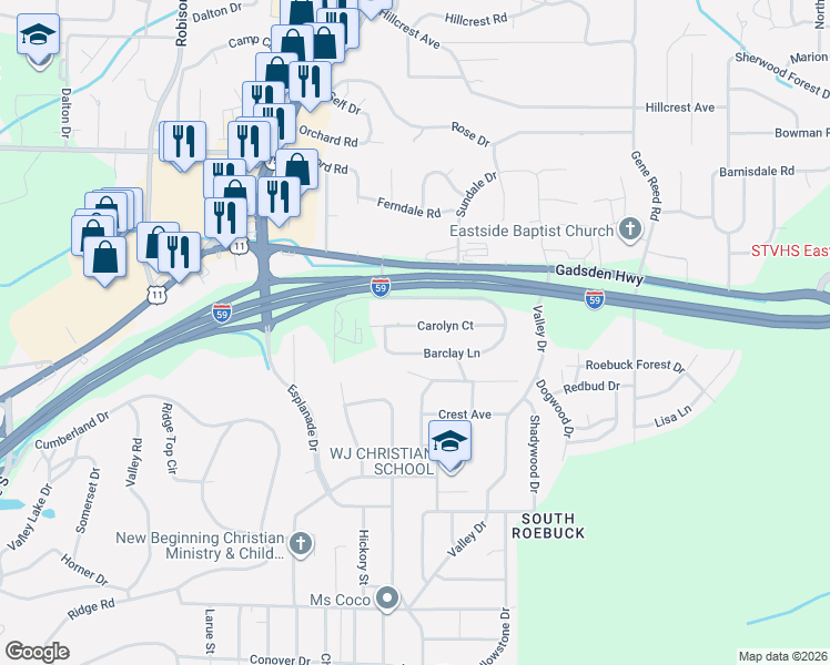 map of restaurants, bars, coffee shops, grocery stores, and more near 624 Carolyn Court in Birmingham