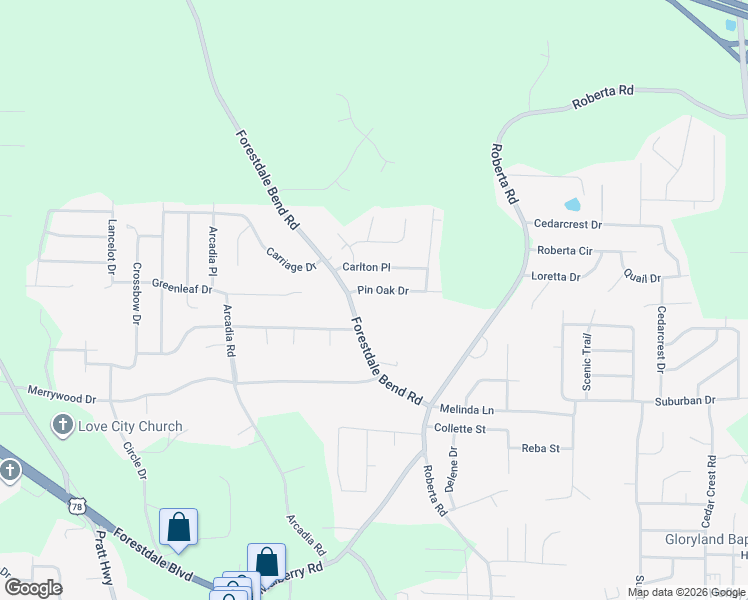map of restaurants, bars, coffee shops, grocery stores, and more near 505 Pin Oak Drive in Birmingham