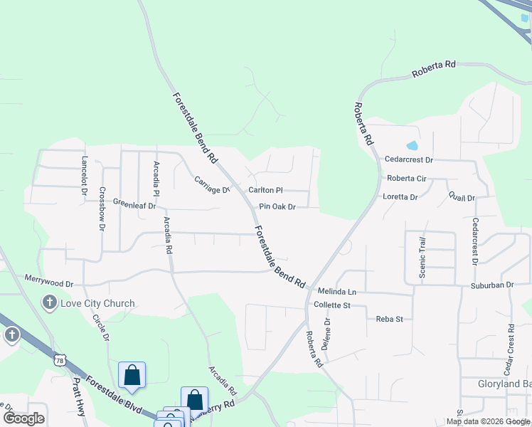 map of restaurants, bars, coffee shops, grocery stores, and more near 505 Pin Oak Dr in Birmingham