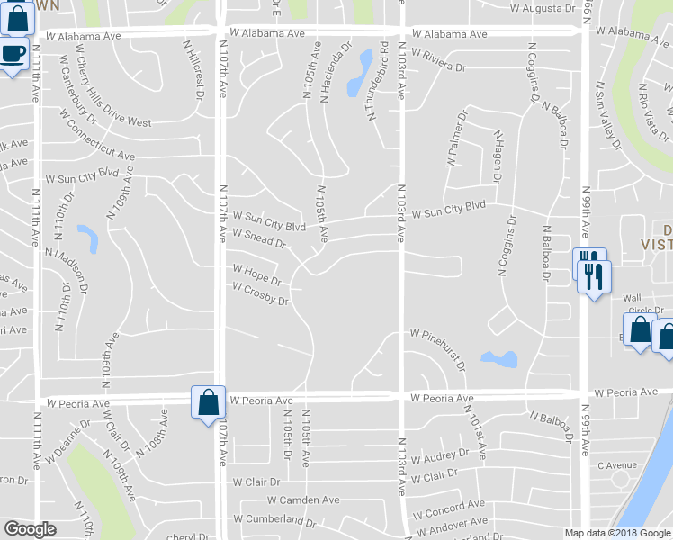 map of restaurants, bars, coffee shops, grocery stores, and more near 10433 West Snead Drive in Sun City