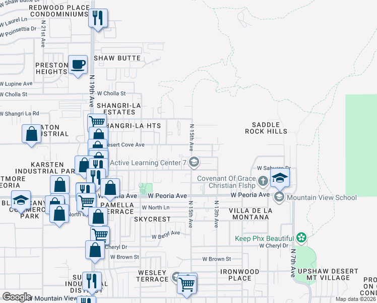 map of restaurants, bars, coffee shops, grocery stores, and more near 1518 West Mercer Lane in Phoenix