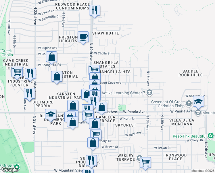 map of restaurants, bars, coffee shops, grocery stores, and more near 10750 North 18th Avenue in Phoenix
