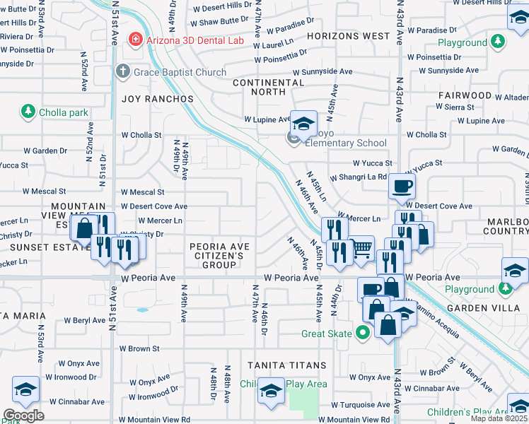 map of restaurants, bars, coffee shops, grocery stores, and more near 4625 West Mercer Lane in Glendale