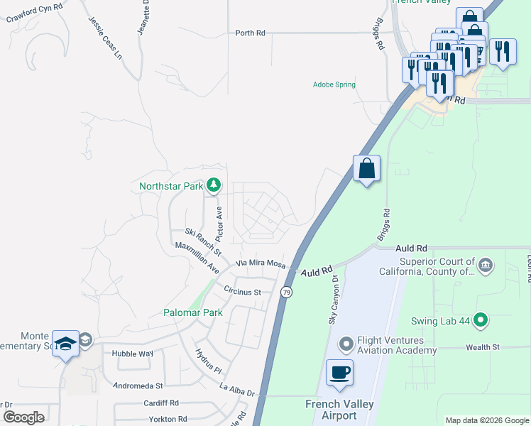 map of restaurants, bars, coffee shops, grocery stores, and more near 36838 Pictor Avenue in Murrieta