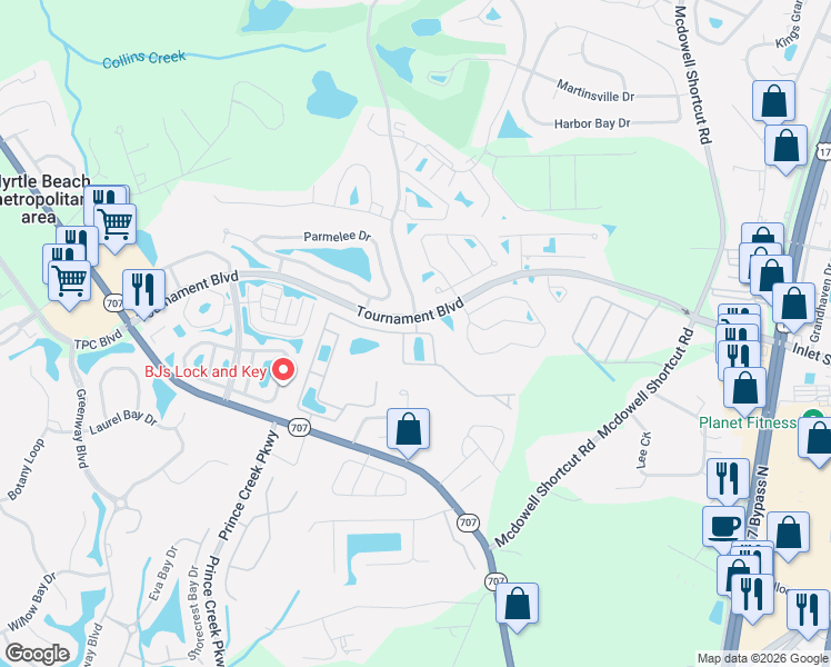 map of restaurants, bars, coffee shops, grocery stores, and more near 715 Painted Bunting Drive in Murrells Inlet