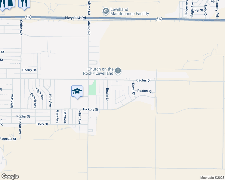 map of restaurants, bars, coffee shops, grocery stores, and more near 15 Crockett Circle in Levelland