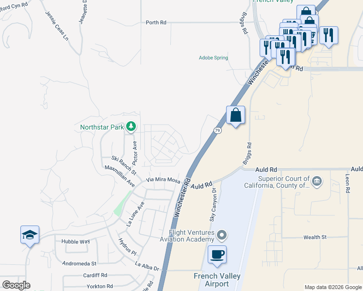 map of restaurants, bars, coffee shops, grocery stores, and more near 36985 Camino Springs Avenue in Murrieta