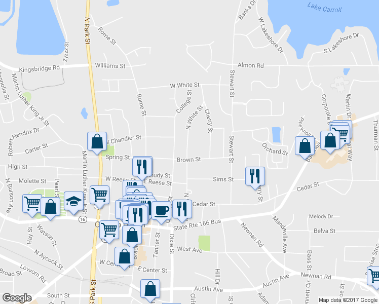 map of restaurants, bars, coffee shops, grocery stores, and more near 515 North White Street in Carrollton