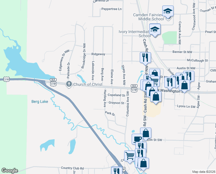 map of restaurants, bars, coffee shops, grocery stores, and more near 1440 U.S. 278 Business in Camden