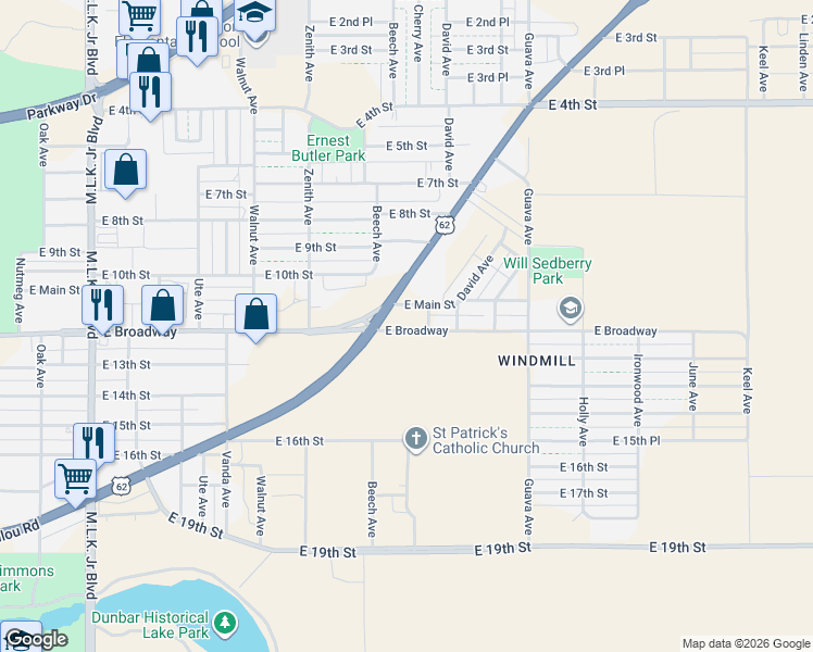 map of restaurants, bars, coffee shops, grocery stores, and more near 2816-2898 East Broadway in Lubbock