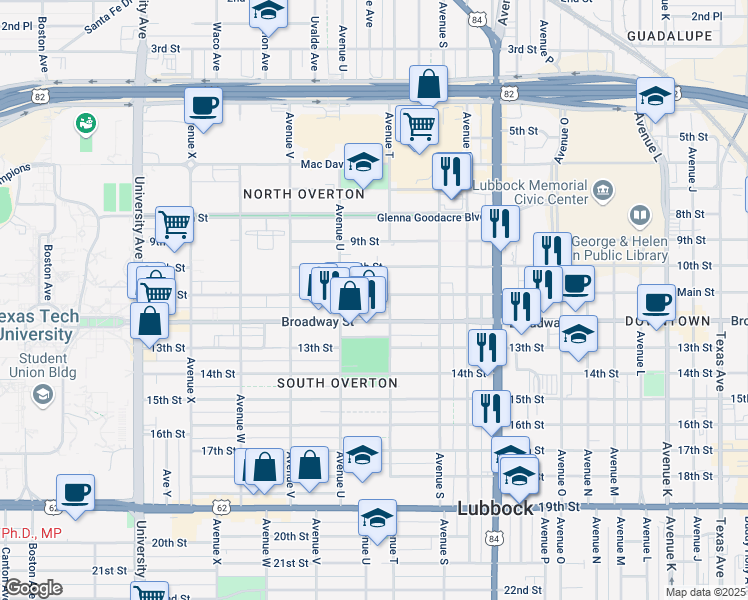 map of restaurants, bars, coffee shops, grocery stores, and more near 2007 Main Street in Lubbock